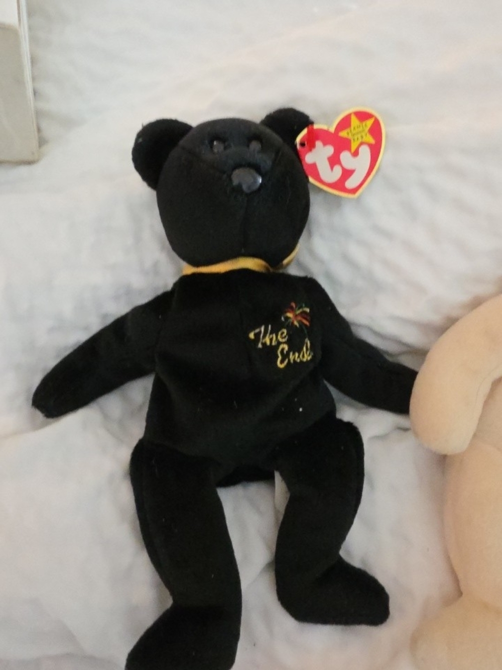 RARE Y2K Ty Black Beanie Baby Bear with Gold Collar and Embroidered "The End"